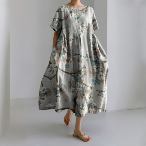 Floral Print Round Neck Short Sleeve Loose Midi Dress