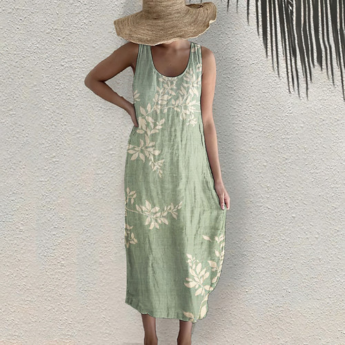 Floral Print Sleeveless Casual Linen Blend Midi Dress