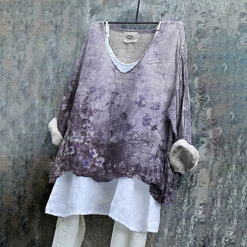 Floral Print V-Neck Loose Blouse
