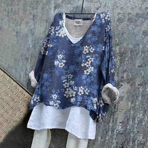 Floral Print V-Neck Loose Blouse