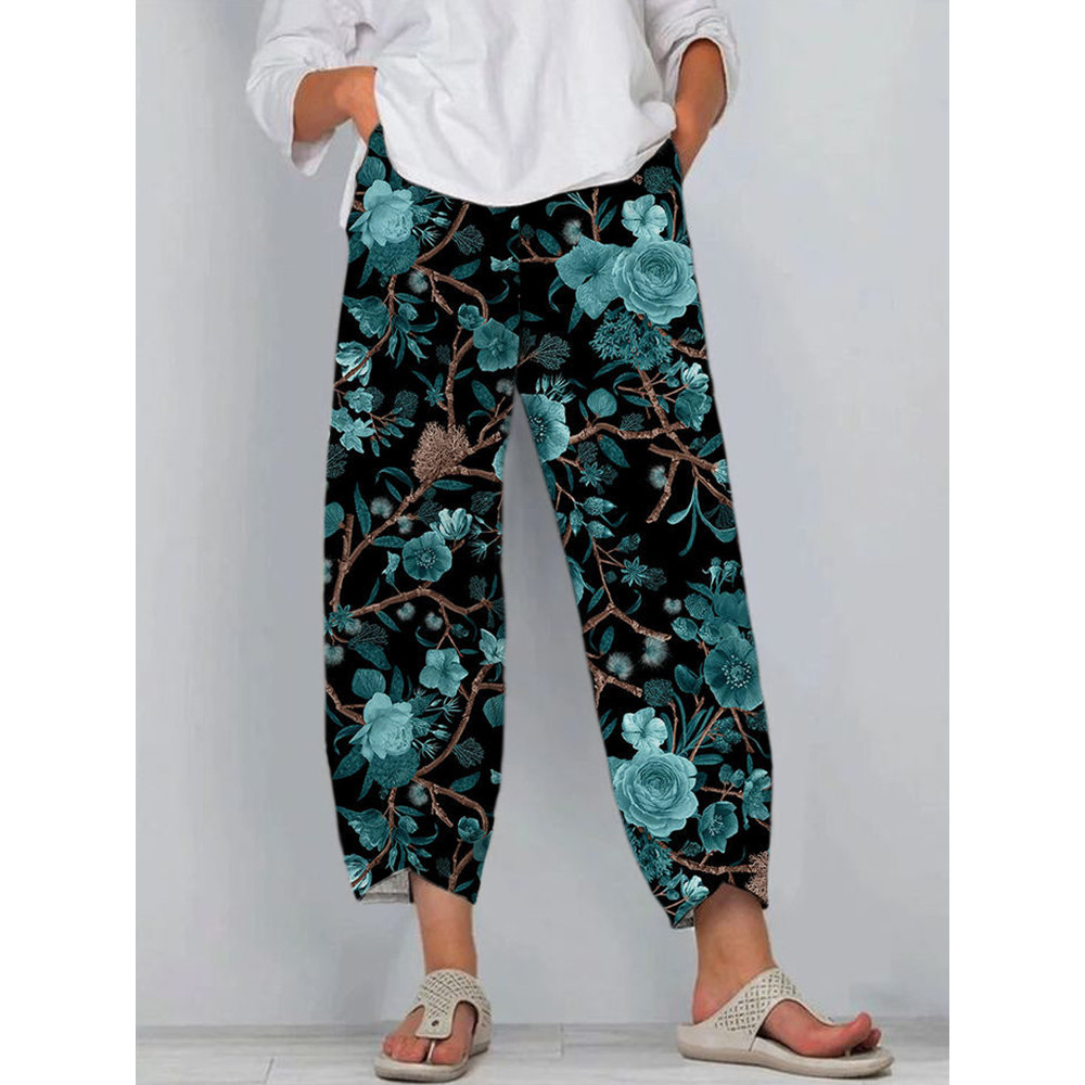 Floral Vineman Print Linen Casual Pants