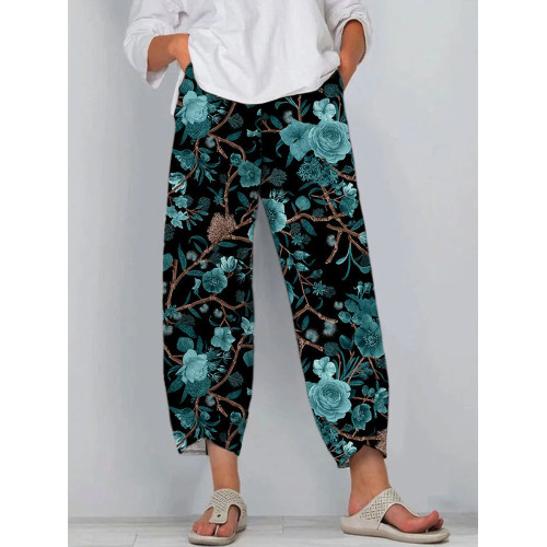 Floral Vineman Print Linen Casual Pants