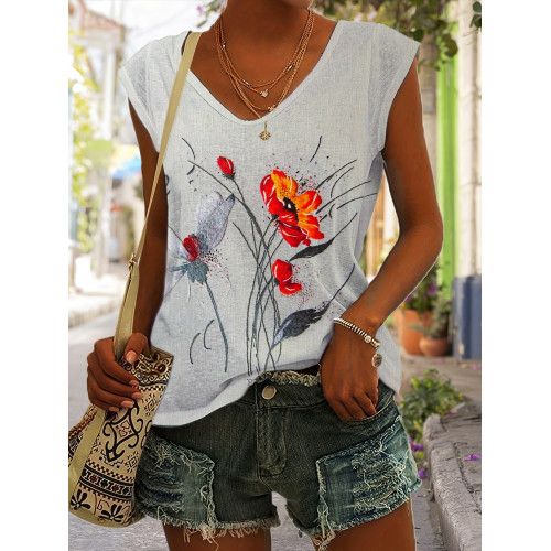 Floral & Weed Linen Loose Tank Top