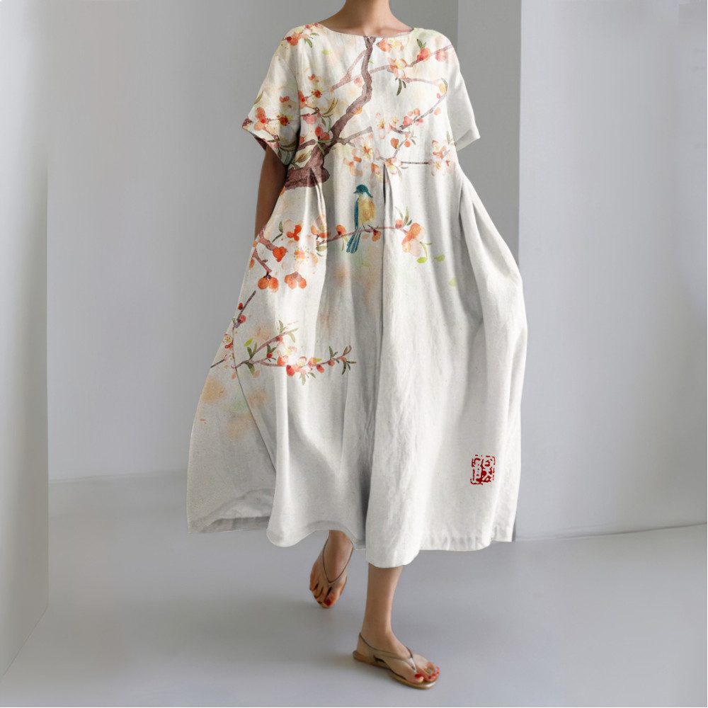 Flower And Bird Print Crew Neck Loose Midi Dress