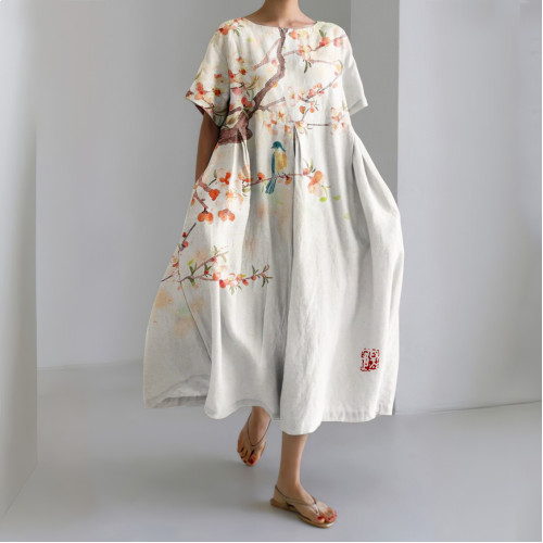 Flower And Bird Print Crew Neck Loose Midi Dress