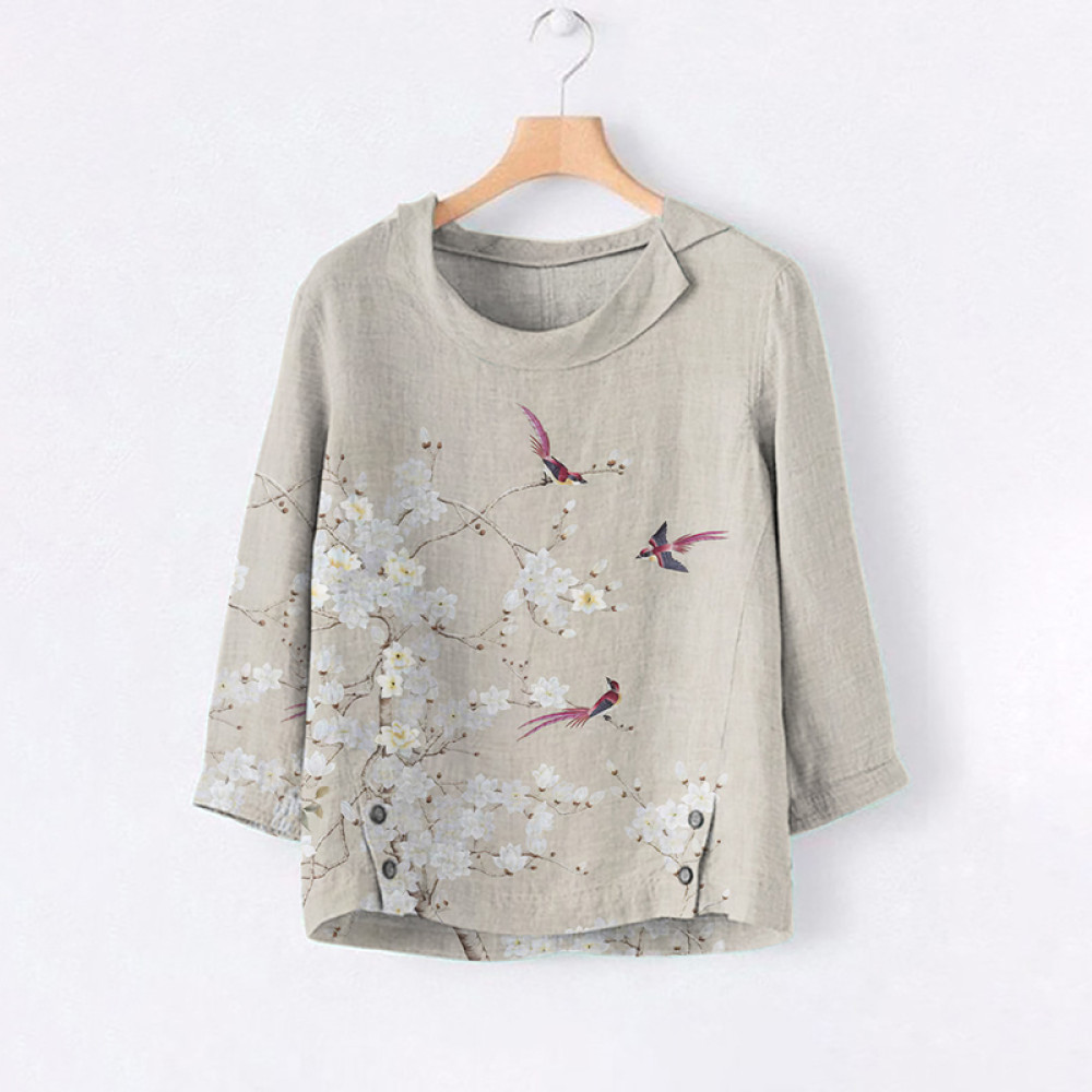 Flower And Bird Print Lapel Casual Blouse