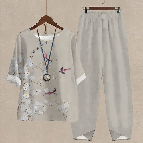 Flower And Bird Print T-Shirt Two Piece Set