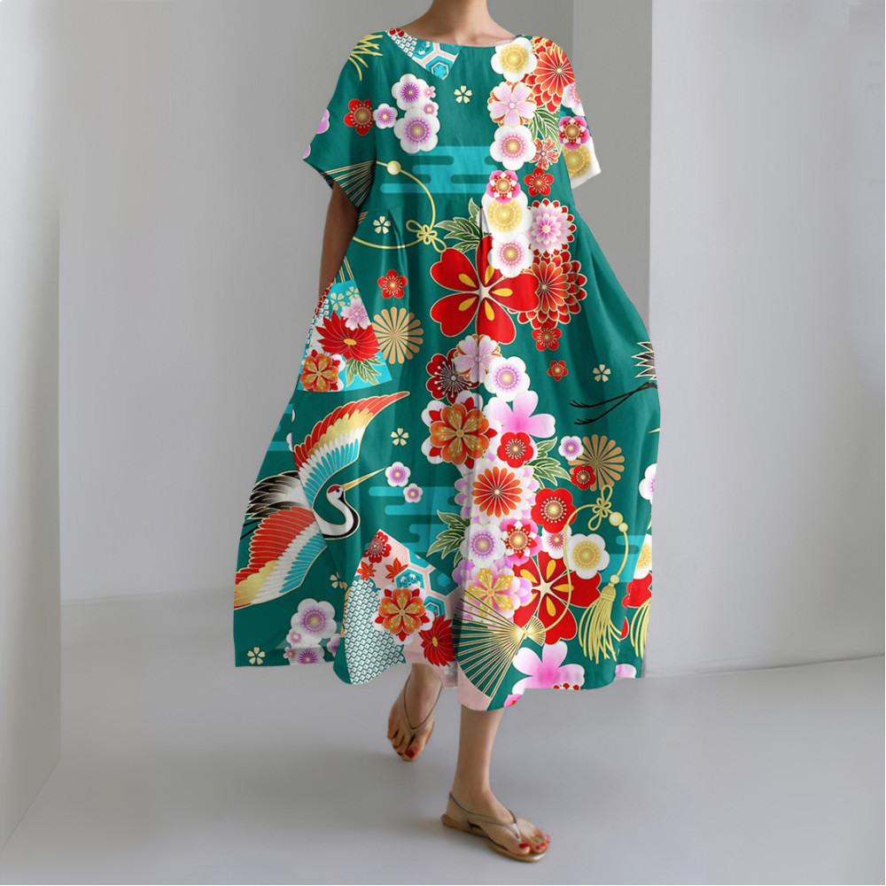 Flower Crane Japanese Art Print Loose Midi Dress
