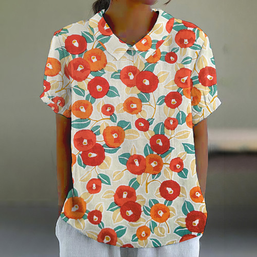 Flower Japanese Art Print Lapel Short Sleeve Blouse