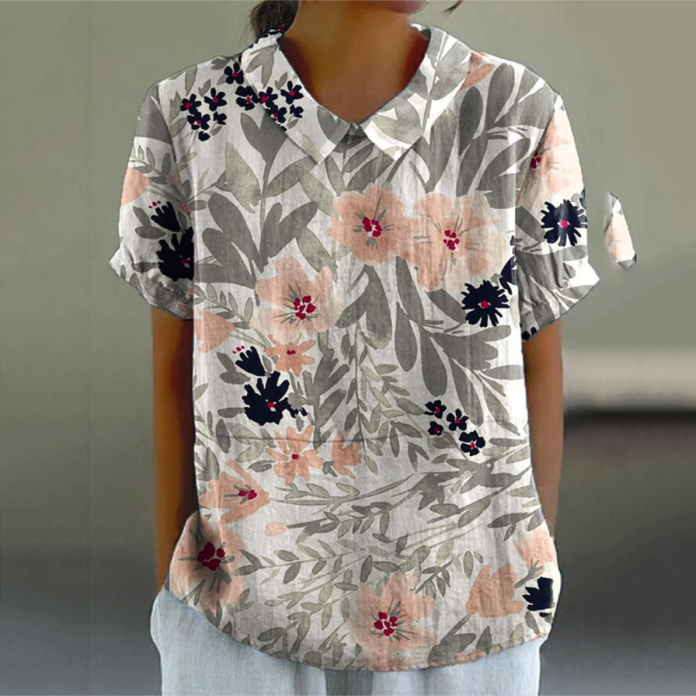 Flower Print Lapel Short Sleeved Blouse