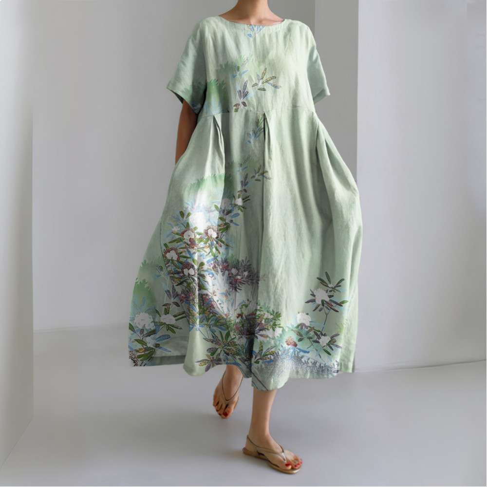 Flower Print Short Sleeve Midi Dress