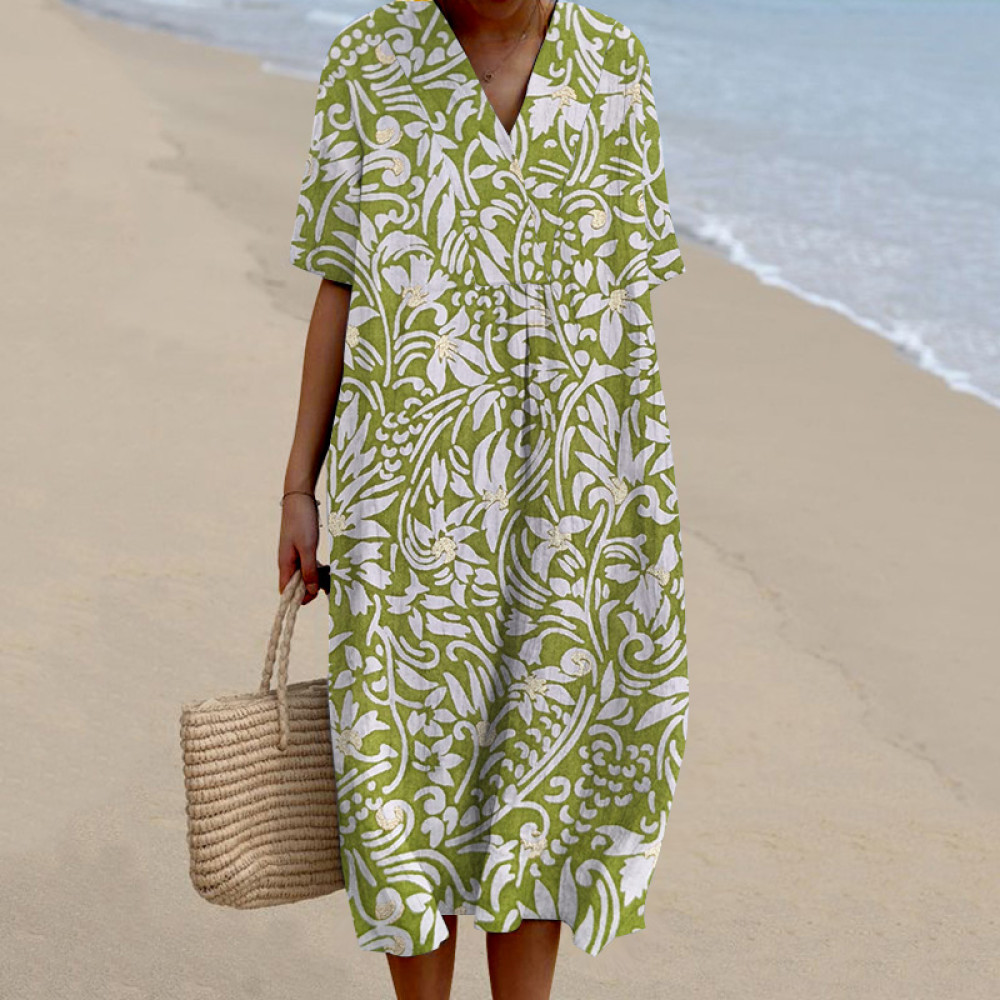 Flower Print V-Neck Short Sleeved Midi Dress