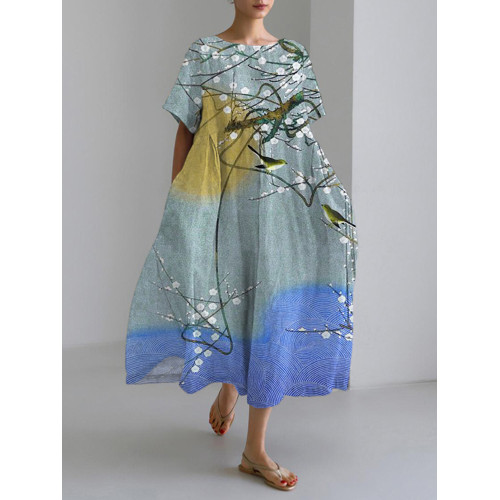 Flower & Bird Japanese Print Linen Maxi Dress