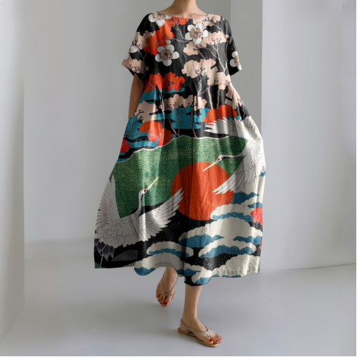 Flower & Crane Japanese Art Print Loose Midi Dress