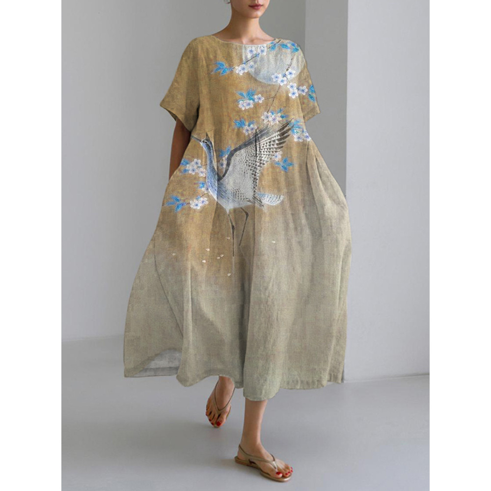 Flower & Crane Japanese Print Linen Maxi Dress