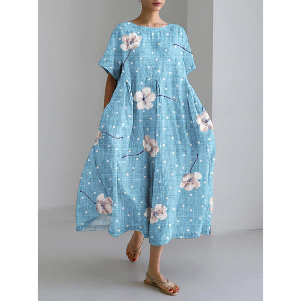 Flower & Dot Print Linen Short Sleeve Maxi Dress