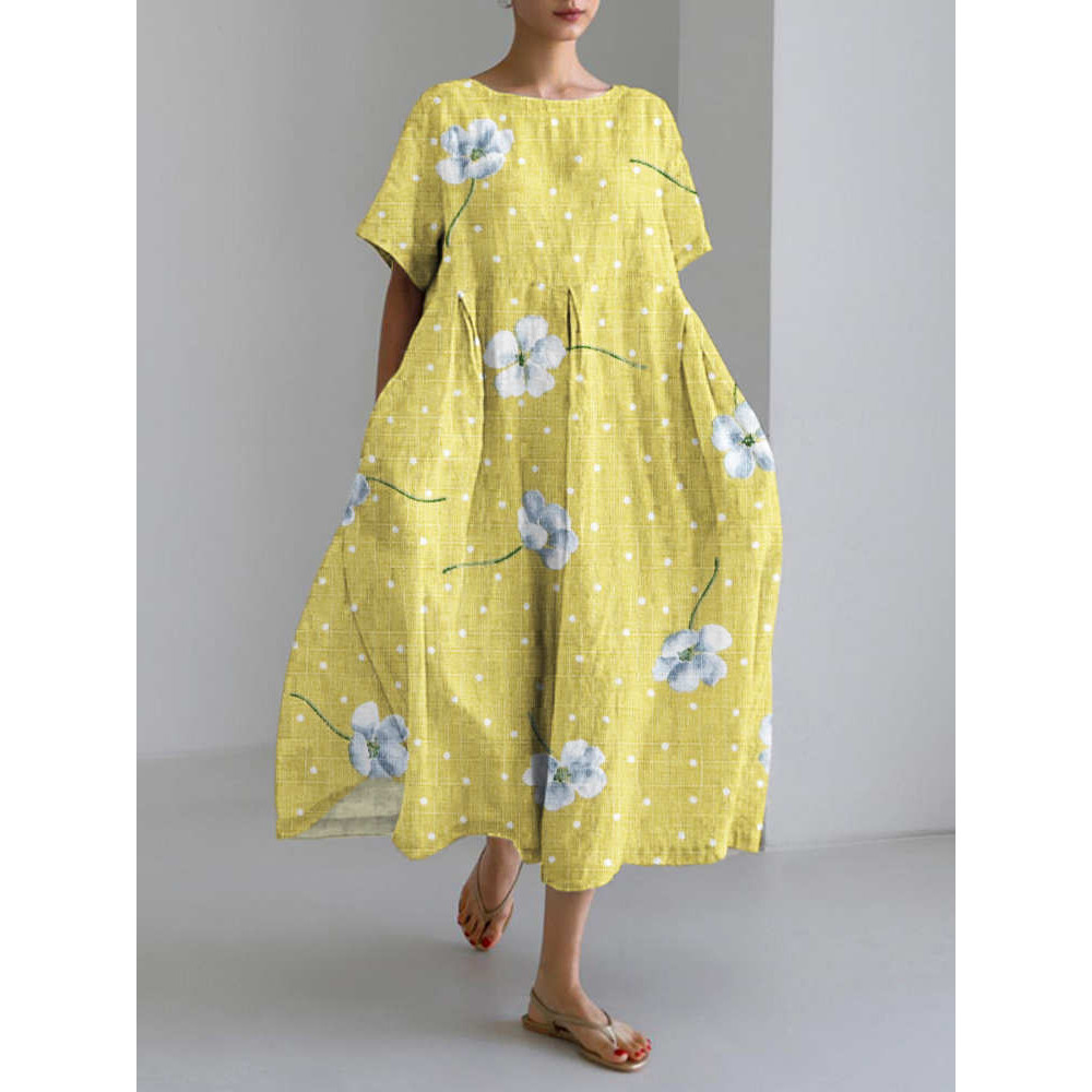 Flower & Dot Print Linen Short Sleeve Maxi Dress