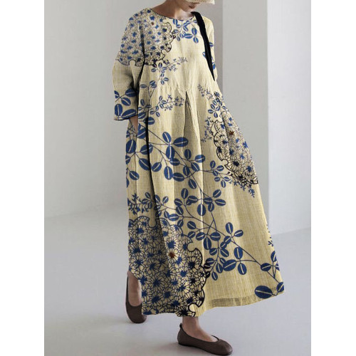 Flowers Japanese Traditional Pattern Linen Blend Maxi Dress