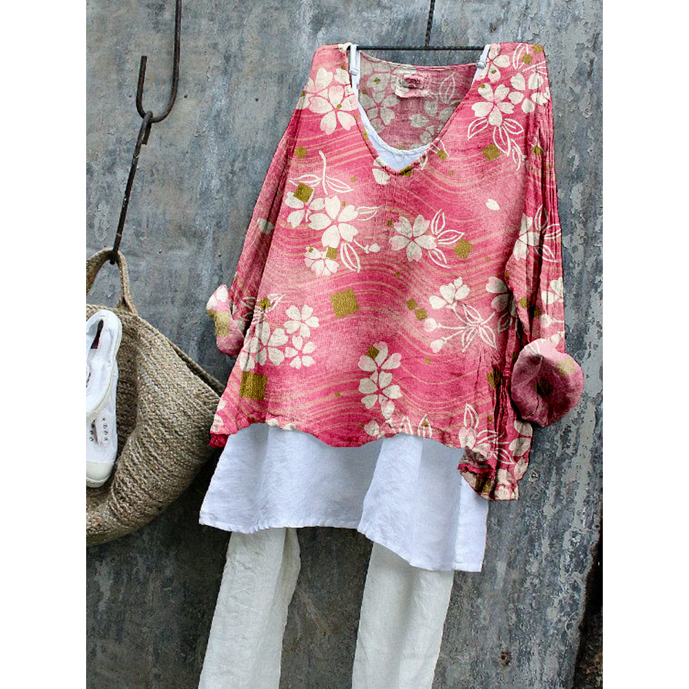 Flowing White Sakura on Golden Pink Waves Art Flowy Tunic