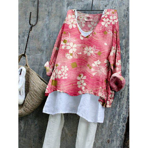 Flowing White Sakura on Golden Pink Waves Art Flowy Tunic