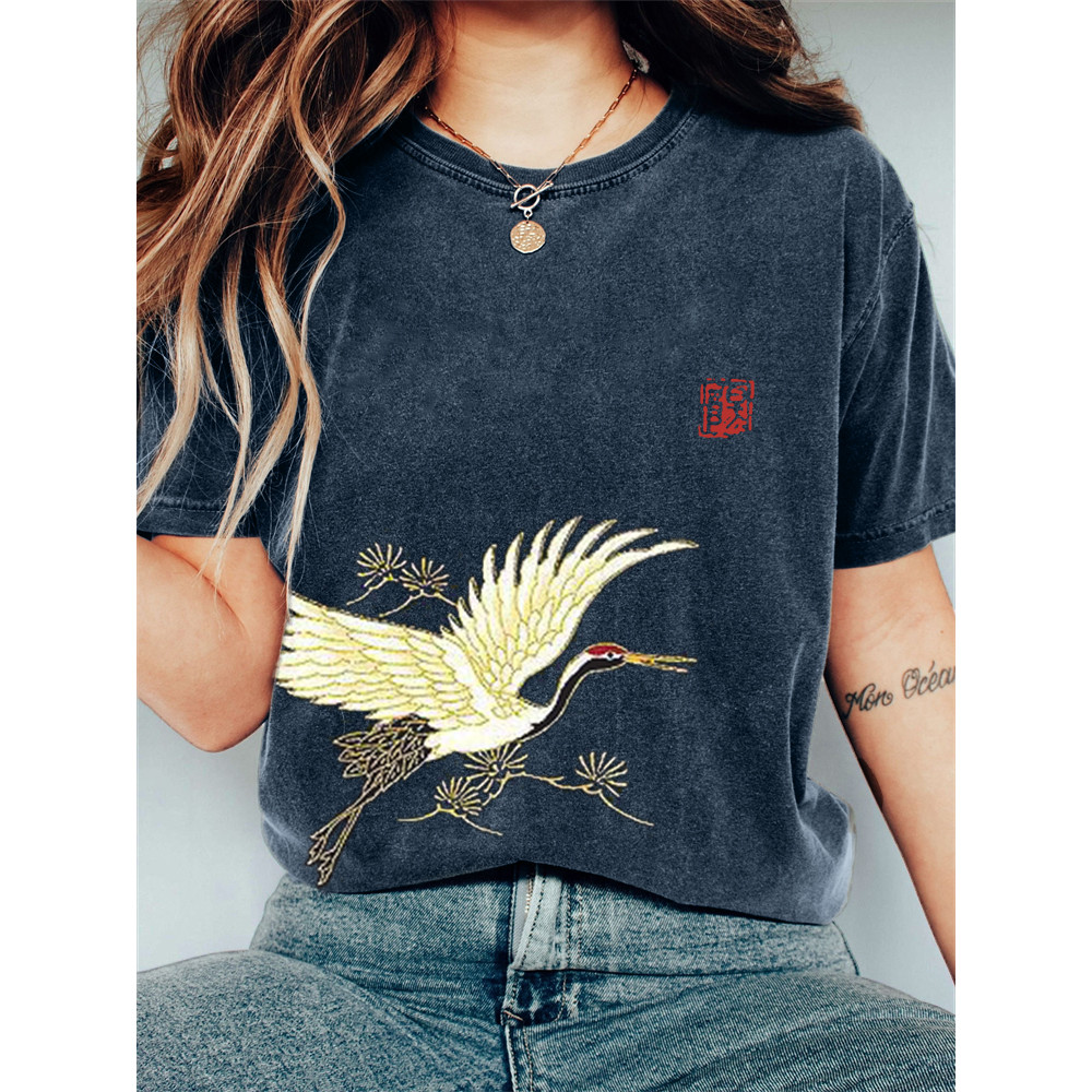 Flying Crane & Pine Trees Japanese Art Vintage T Shirt