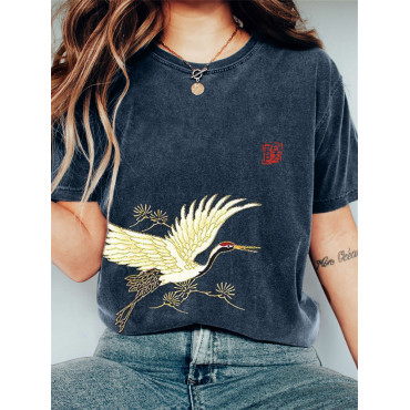 Flying Crane & Pine Trees Japanese Art Vintage T Shirt