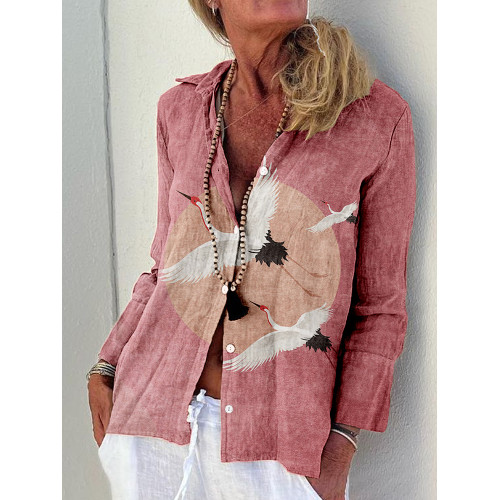 Flying Cranes Japanese Art Linen Blend Blouse