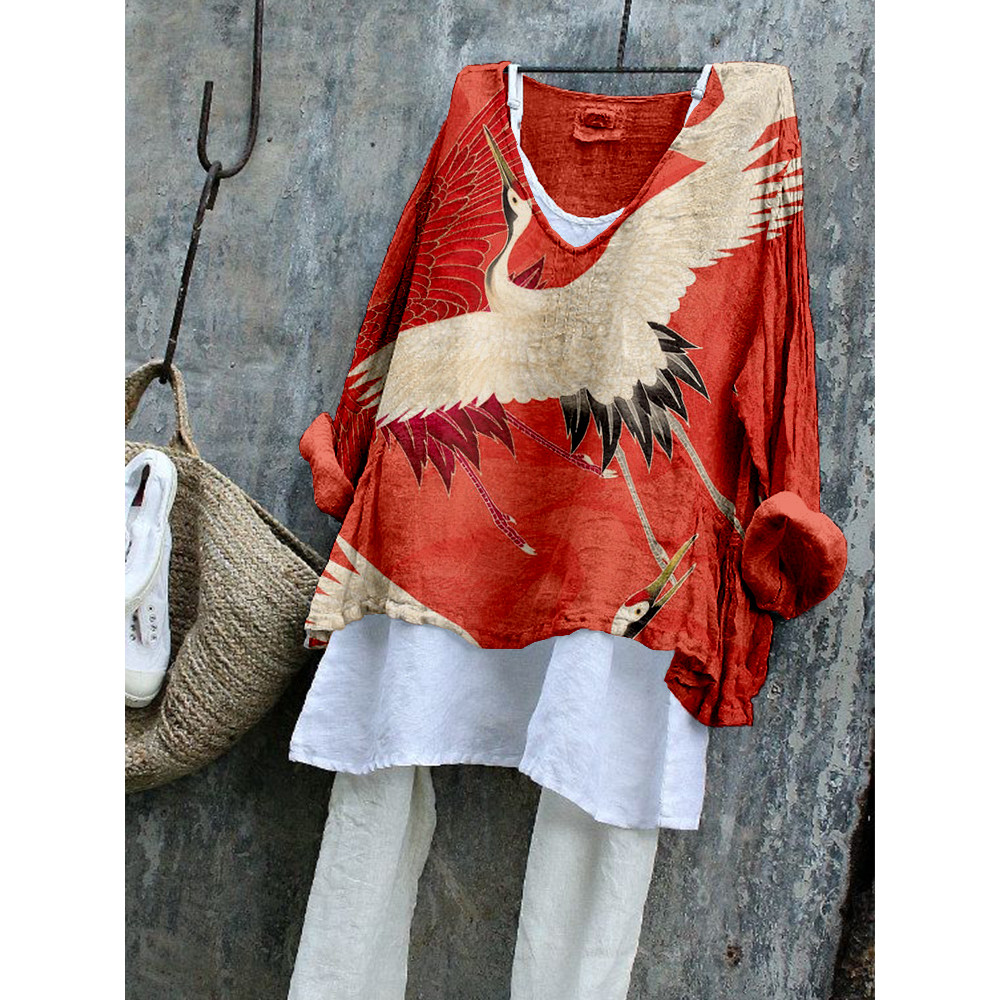 Flying Cranes Japanese Art Linen Blend Cozy Tunic