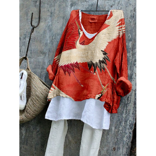 Flying Cranes Japanese Art Linen Blend Cozy Tunic