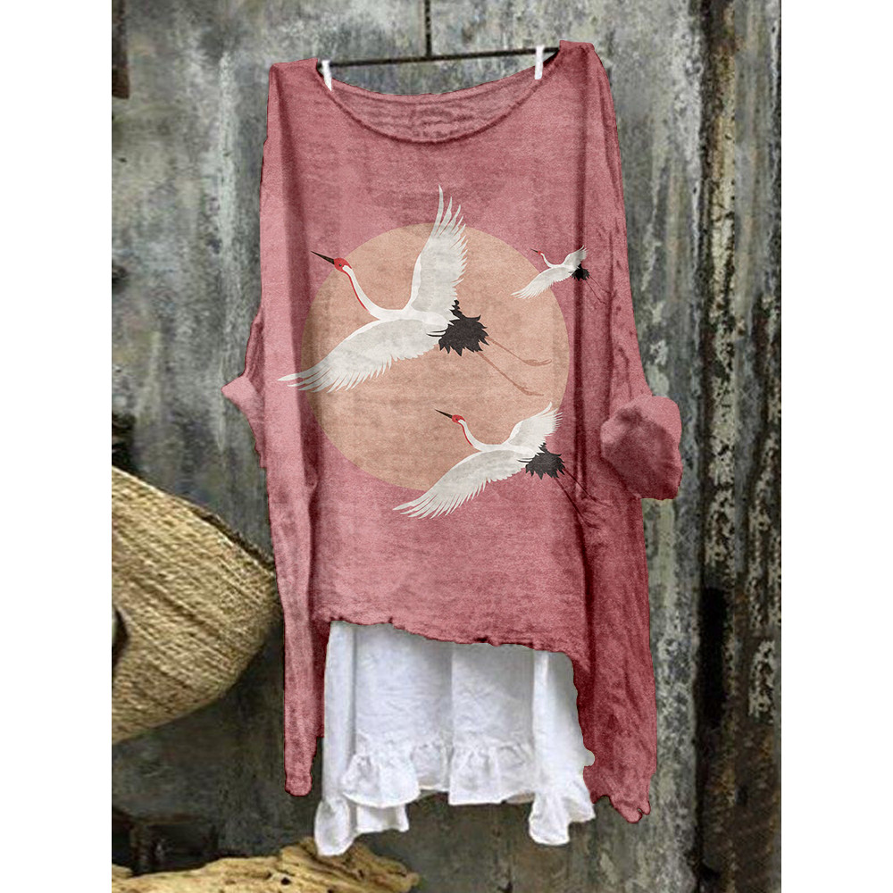 Flying Cranes Japanese Art Linen Blend Flowy Tunic