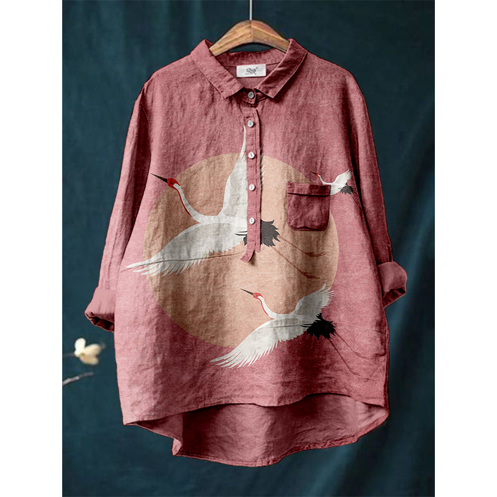 Flying Cranes Japanese Art Linen Blend Tunic