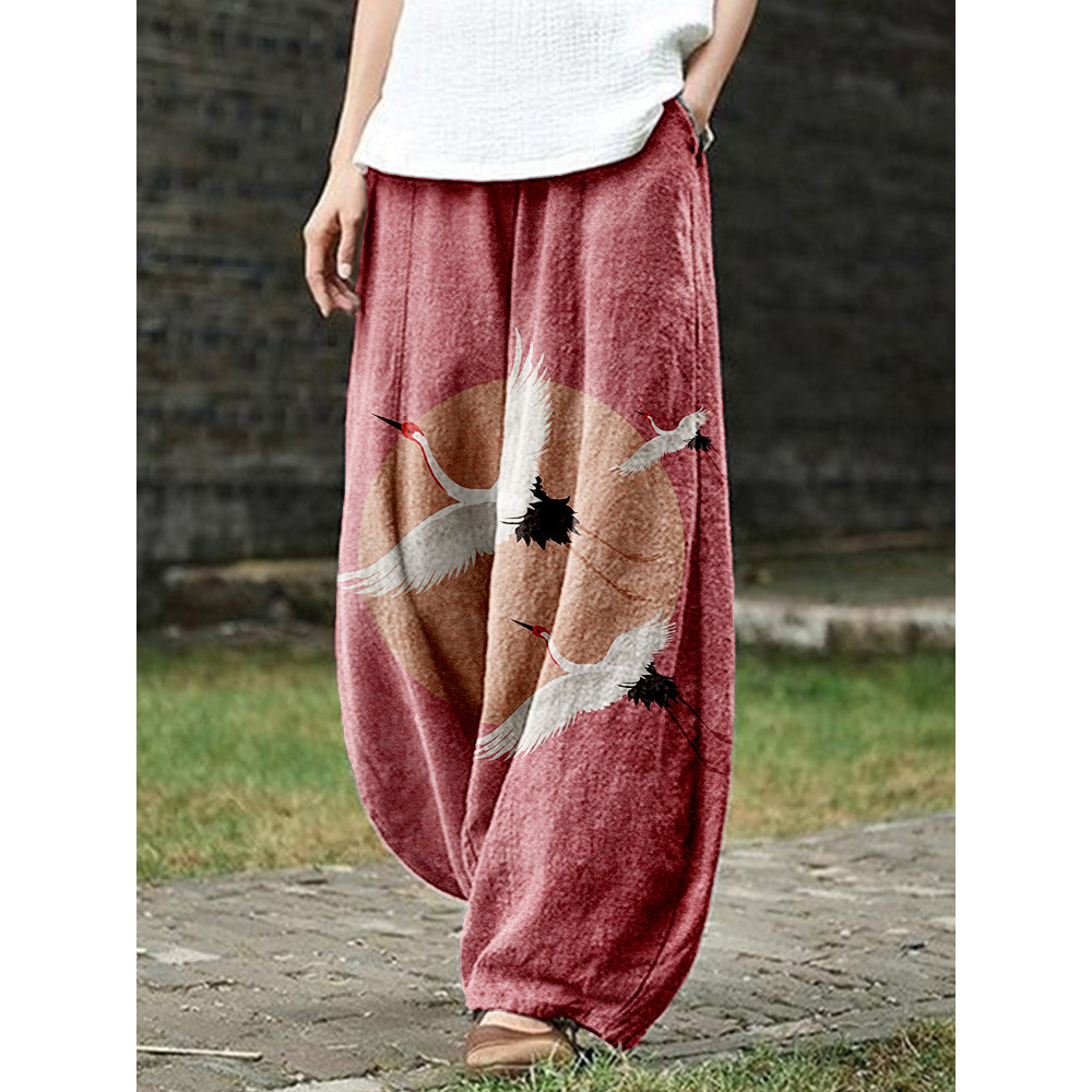 Flying Cranes Japanese Art Pattern Linen Blend Casual Pants