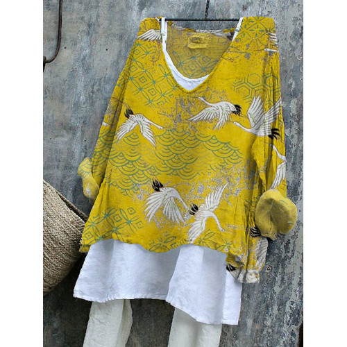Flying Cranes Japanese Traditional Pattern Linen Blend Tunic