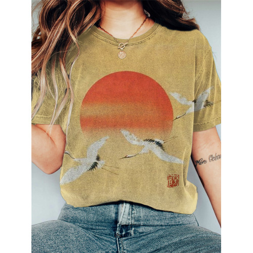 Flying Cranes Sunrise Japanese Art Vintage T Shirt
