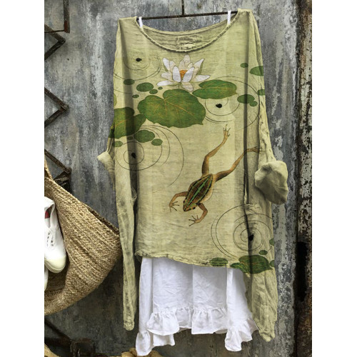 Frog & Lotus Pond Japanese Art Linen Blend Tunic
