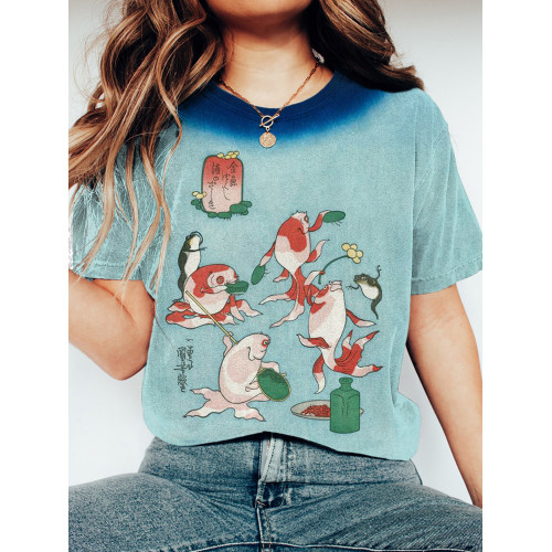 Fun Japanese Goldfish Washed Cotton T-Shirt