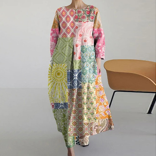 Geometry Tribal Floral Printed Linen Blend Midi Dress