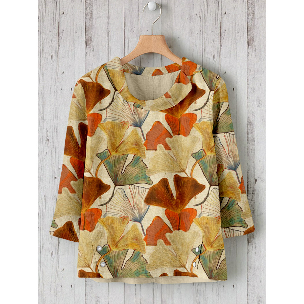 Ginkgo Leafs Pattern Linen Blend Cozy Shirt