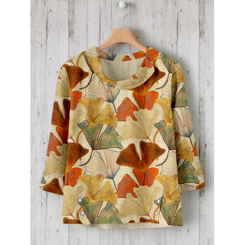 Ginkgo Leafs Pattern Linen Blend Cozy Shirt