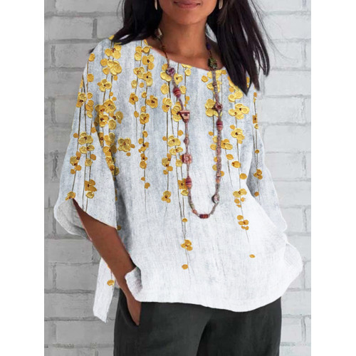 Gold Floral Embossed Art Print Cotton and Linen T-Shirt