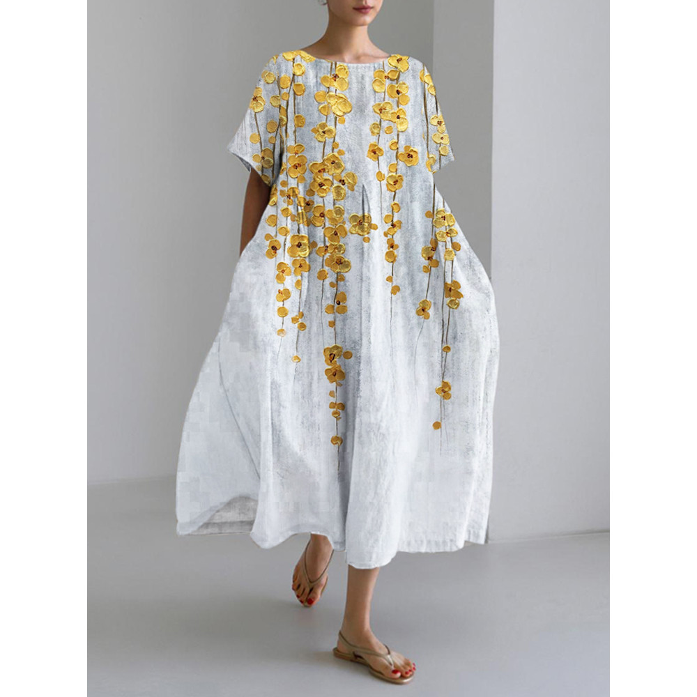 Gold Floral Embossed Art Print Linen Blend Maxi Dress