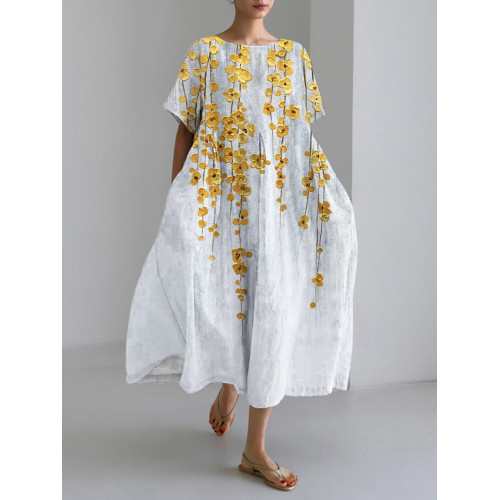 Gold Floral Embossed Art Print Linen Blend Maxi Dress