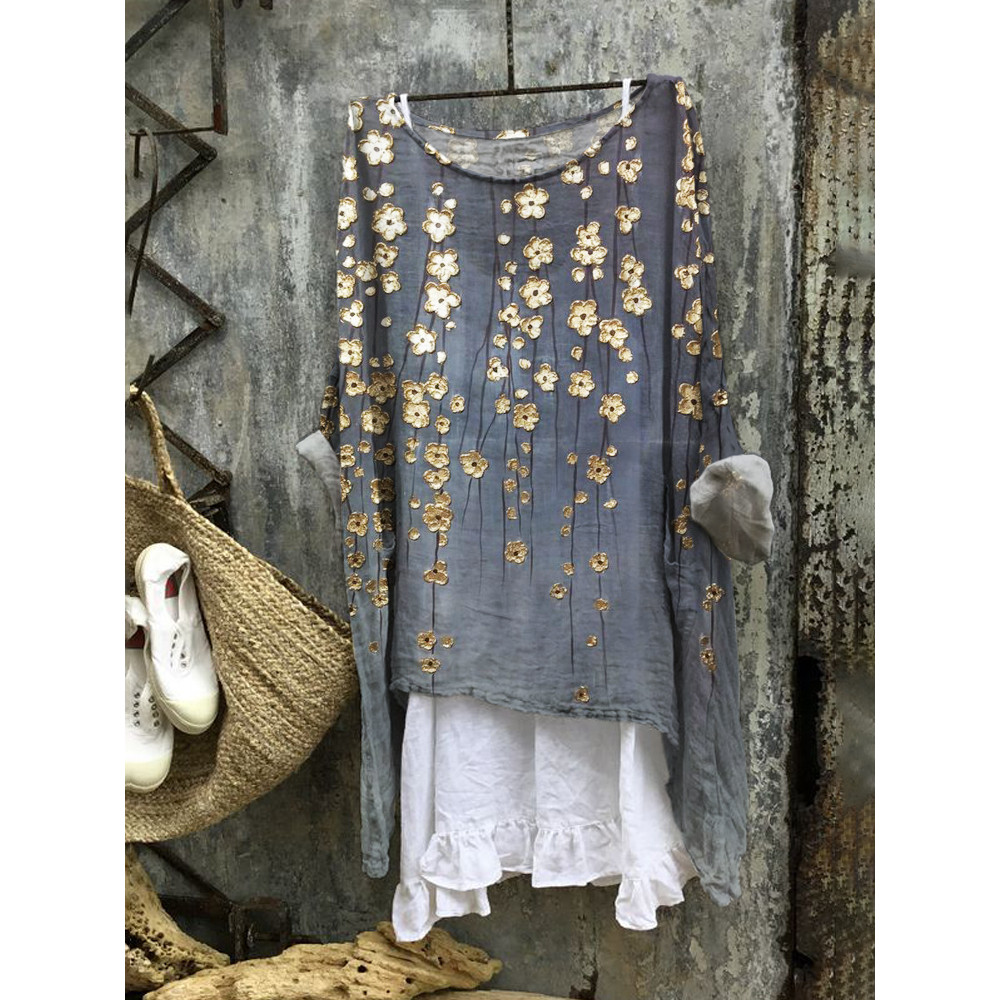 Gold Floral Embossed Art Print Linen Blend Tunic