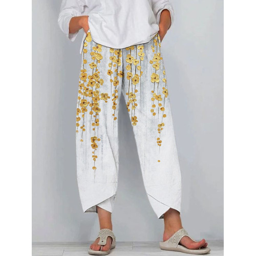 Gold Floral Embossed Art Print Linen Pants