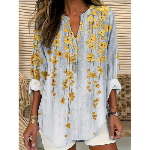 Gold Floral Embossed Art Print Linen V-Neck Shirt