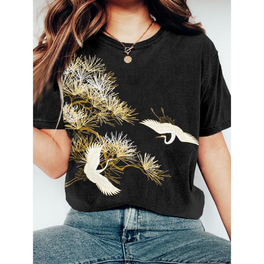 Golden Japanese Cranes Art Vintage Cozy T Shirt