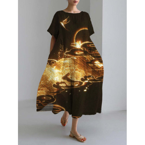 Golden Light Auspicious Cloud Print Linen Blend Maxi Dress