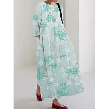 Gradient Cherry Blossom Print Linen Blend Maxi Dress