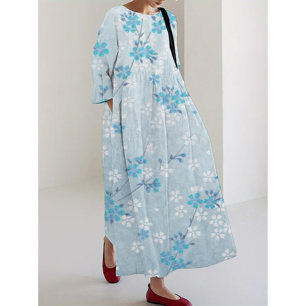 Gradient Cherry Blossom Print Linen Blend Maxi Dress