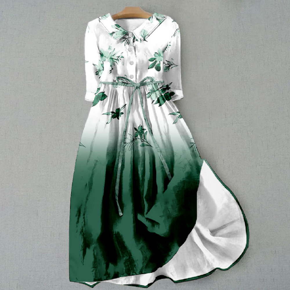 Gradient Floral Print Lapel Midi Dress